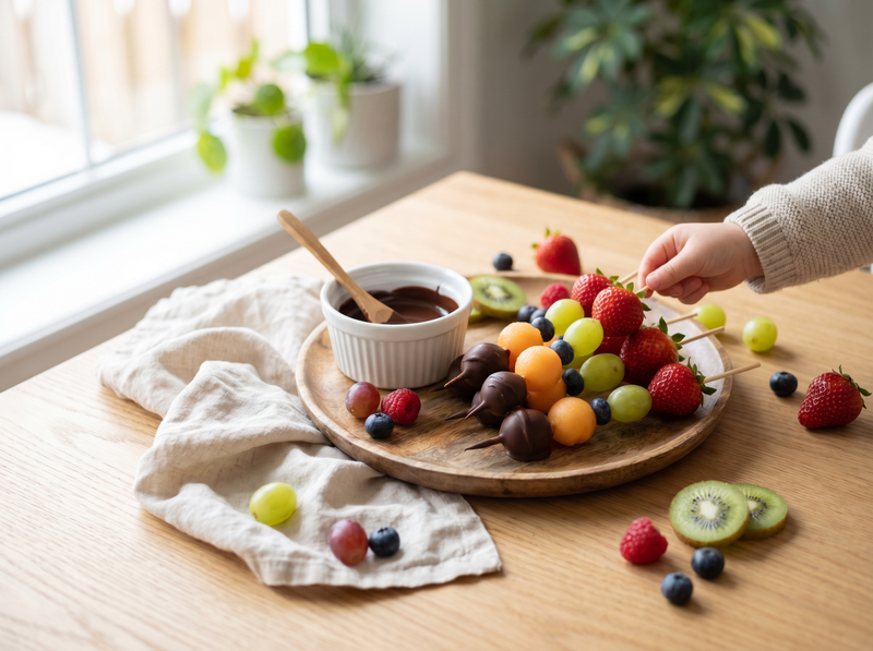 Frugtspyd med chokolade-dyp – sund snack børn elsker